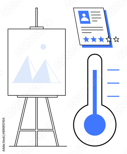 Evaluation form with star ratings, thermometer symbolizing progress, and an easel showcasing a chart. Ideal for performance, goals, evaluation, creativity, progress feedback review. Simple flat