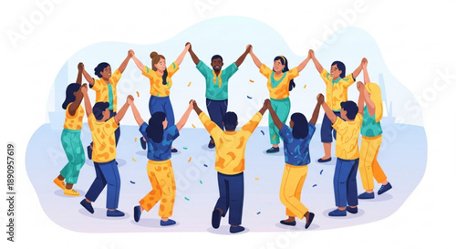 Diverse group of people forming a human chain with hands raised in unity and celebration on a light blue background
