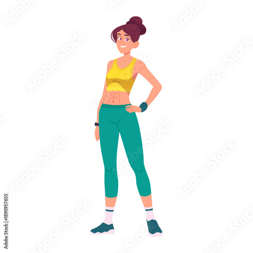 Young woman in sportswear standing in a confident pose. Cartoon modern flat style.