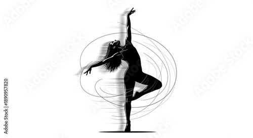 Silhouette of a dancer in a dynamic yoga pose with swirling lines conveying movement and energy on a white background