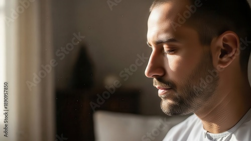 Close Up Profile of a Thoughtful Man Bathed in Soft Sunlight.
