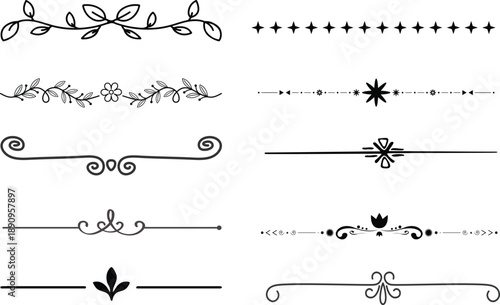 Set of black decorative line dividers with simple vintage ornaments and geometric vector designs.divider marker sketch doodle vector lines set element.set retro decorative page dividers design