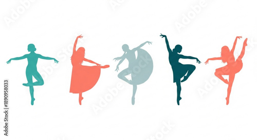 Five colorful ballet dancer silhouettes in various poses on white background expressing movement and elegance in dance