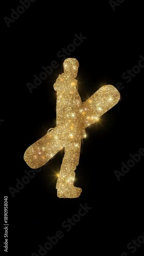 Luxury man holding a snowboard with golden glitter, alpha channel
