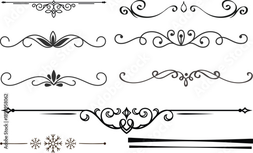 Set of black decorative line dividers with simple vintage ornaments and geometric vector designs.divider marker sketch doodle vector lines set element.set retro decorative page dividers design