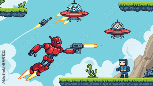 Retro pixel art video game scene featuring a red combat robot flying and shooting at alien UFOs above a human character.