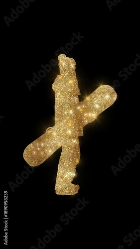 Luxury woman holding a snowboard with golden glitter, alpha channel