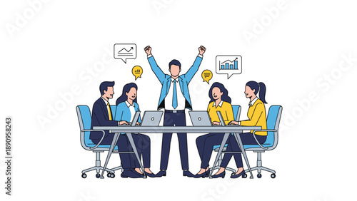 Group of business professionals sitting around a table with laptops while their colleague stands and cheers for their successful project.