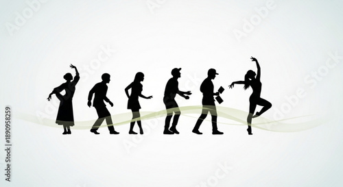 Silhouettes of people dancing in a line dynamic poses joyful movement black figures on white background with green shadow