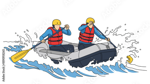 Two adventurous people wearing life jackets and helmets rowing an inflatable raft through turbulent white water waves.