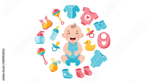 Cheerful smiling baby sitting in the center of a circular arrangement of various infant toys, clothes, and baby care items.