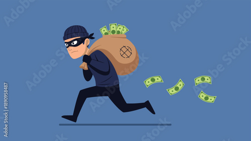 Thief wearing a black mask and beanie running away with a heavy sack of money while green bills fall behind him.