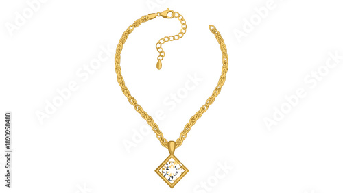 Elegant gold chain necklace featuring a diamond-shaped pendant with a sparkling faceted gemstone isolated on a white background.