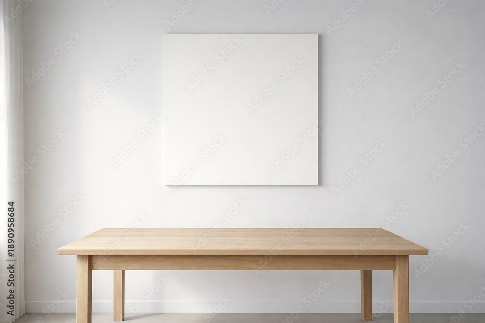 Fototapeta premium Minimal White Interior Background with Wooden Table and Centered Horizontal Blank Board