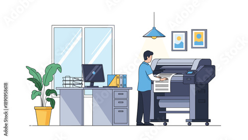 Professional man in a blue shirt operating a large format printer or plotter in a modern office with a desk and computer.