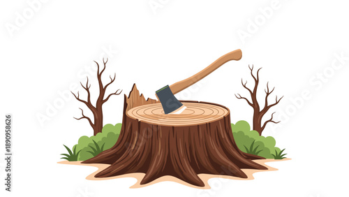 Axe stuck in a large tree stump in a small forest clearing with bare trees and green bushes on a white background.