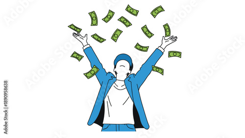 Young man in a blue jacket raises his arms in joy as green dollar bills fall from the sky around him on a white background.