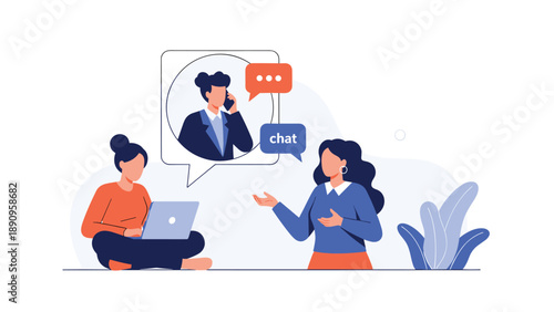 Two women discuss a project while one uses a laptop and a video chat bubble shows a businessman on a phone call.