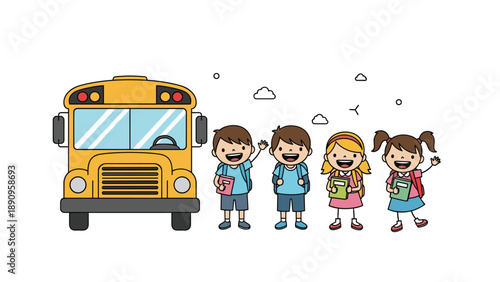 Group of four happy young students with backpacks and books stands beside a yellow school bus ready for the school day.