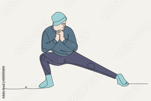 Colored Man stretching in winter. Outdoor winter workouts one-line drawing