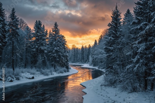 A snow-covered forest landscape with tall pine trees and a winding river
