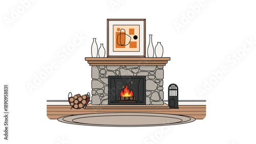 Cozy interior of a room featuring a stone fireplace with burning logs, decorative vases, and a framed abstract painting.