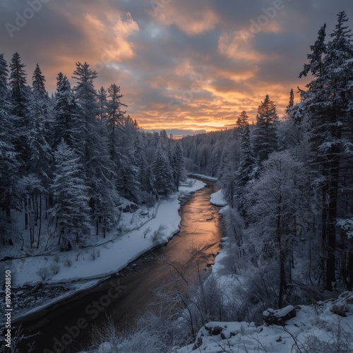 A snow-covered forest landscape with tall pine trees and a winding river