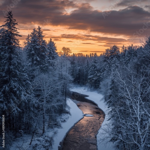 A snow-covered forest landscape with tall pine trees and a winding river