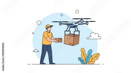 Delivery worker in a yellow shirt prepares to receive a package being carried by a modern multirotor drone in the air.