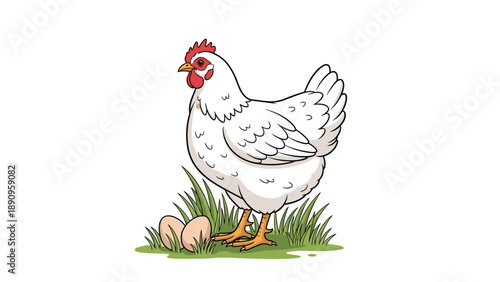White hen stands in the green grass next to two brown eggs in a simple farm themed illustration on a white background.