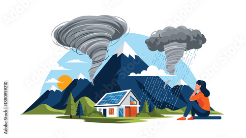 Concerned woman observing powerful tornadoes approaching a modern house with solar panels in a mountain landscape.