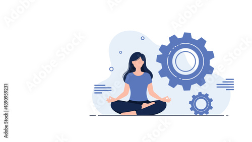 Calm woman practicing meditation in a yoga pose set against a backdrop of large blue mechanical gears and cogs.