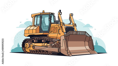 Heavy duty yellow bulldozer construction vehicle with a large front blade illustrated against a soft blue background.