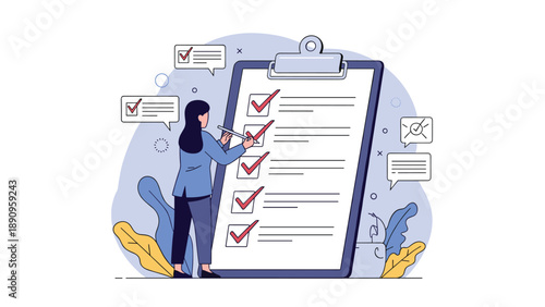 Businesswoman completing a large checklist on a clipboard with many red check marks and speech bubbles around her.