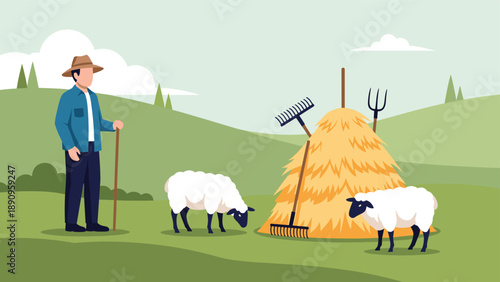 Traditional farmer shepherd standing with two white sheep near a large haystack in a peaceful green valley landscape.