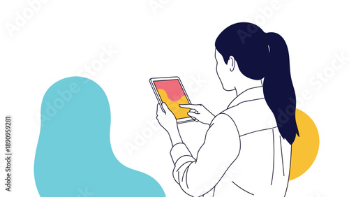 Young woman with a ponytail seen from behind using a digital tablet with colorful screen graphics in a modern setting.