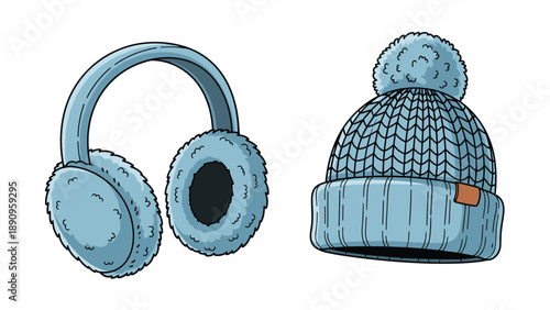 Set of cozy blue winter accessories featuring fluffy earmuffs and a thick knitted beanie with a large pom-pom on top.