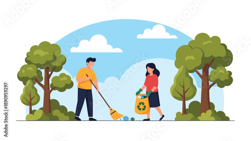 Enthusiastic volunteers cleaning a public park by sweeping leaves and collecting trash into a recycling bag for a cleaner world.