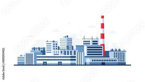 Modern industrial factory complex with various buildings and a tall red and white chimney stack under a light sky.