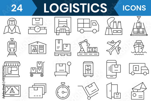 Logistics icon set. Outline icon of delivery logistic, shipping, cargo, supply chain container and more. Vector illustration.