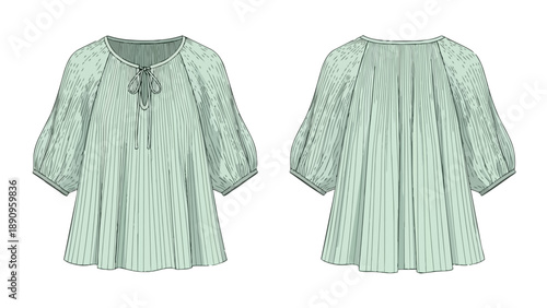 Technical flat sketch of a women's mint green blouson top with puff sleeves and tie neck detail