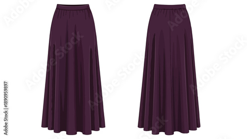 Elegant plum colored long maxi skirt for versatile fashion wear front and back views for product display