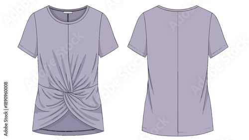 Lavender Knot Front Tee Flat Sketch Apparel Design Technical Drawing Fashion Illustration Garment CAD Diagram