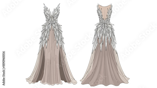 Exquisite avant-garde gown concept showcasing intricate feathered silver detailing on a flowing beige silhouette front and back views for high