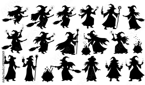 Witch silhouette vector set with sixteen magical Halloween poses