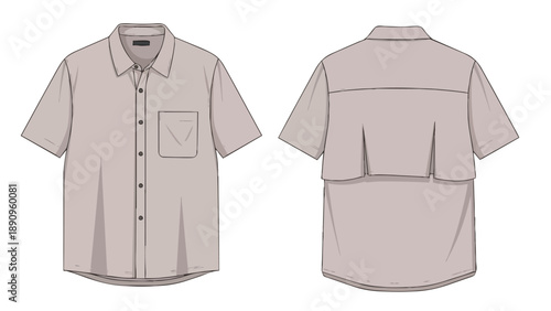 Men's casual short-sleeved button-up shirt flat sketch, displaying front and back views with a chest pocket and unique back vent, ideal for fashion