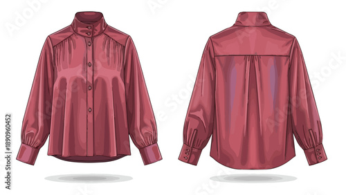 Elegant crimson blouse illustration featuring detailed front and back views with puff sleeves and a sophisticated high collar, ideal for fashion