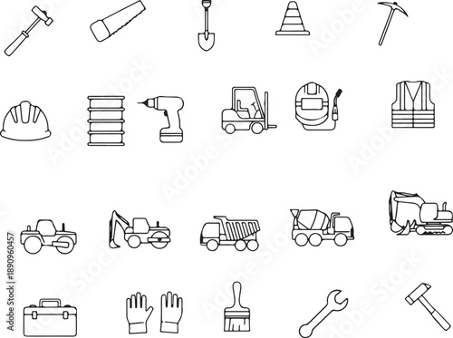 Construction Tools and Equipment Icons Set, Building Industry Objects, Isolated on white background