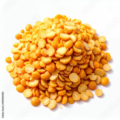 Pile of split peas, showcasing vibrant yellow hues on a pure white background