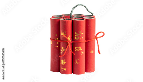 Bundle of red cylindrical firecrackers with a wire fuse, tied with red string